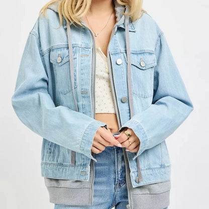 RISEN Oversized Hoodie Grey Denim Jacket-Trendsi - Solazura Boutique