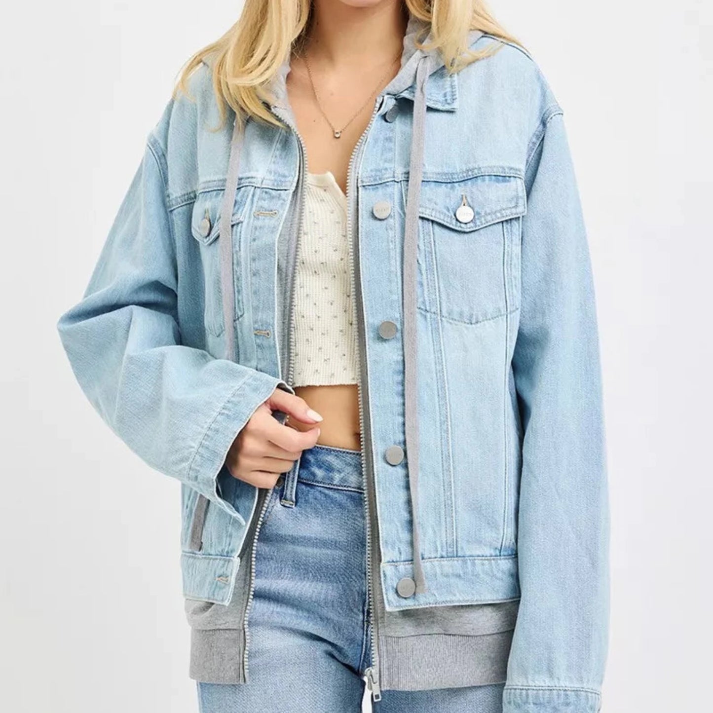 RISEN Oversized Hoodie Grey Denim Jacket-Trendsi - Solazura Boutique