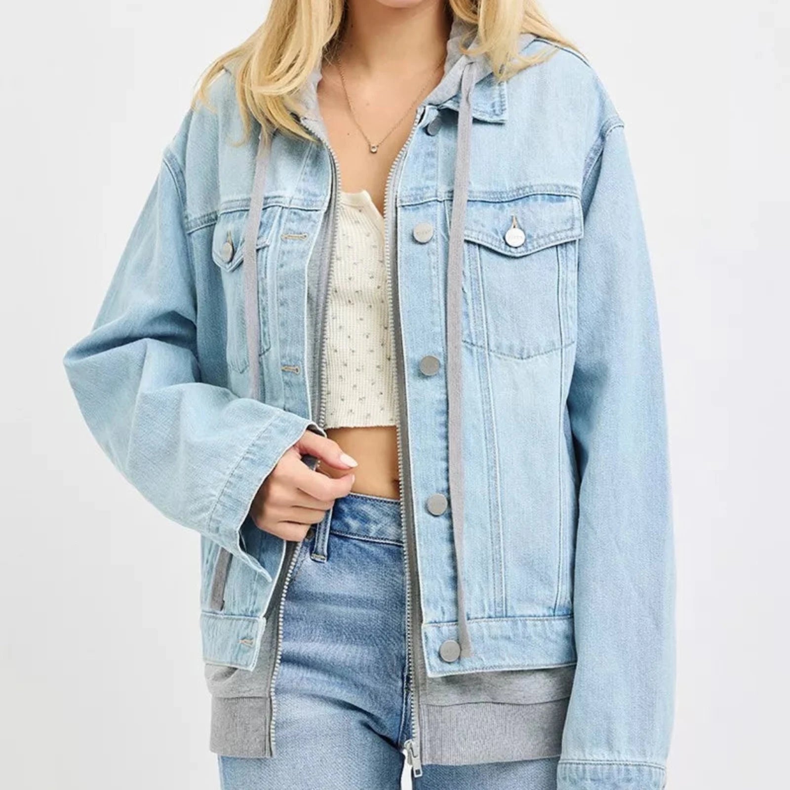 RISEN Oversized Hoodie Grey Denim Jacket-Trendsi - Solazura Boutique