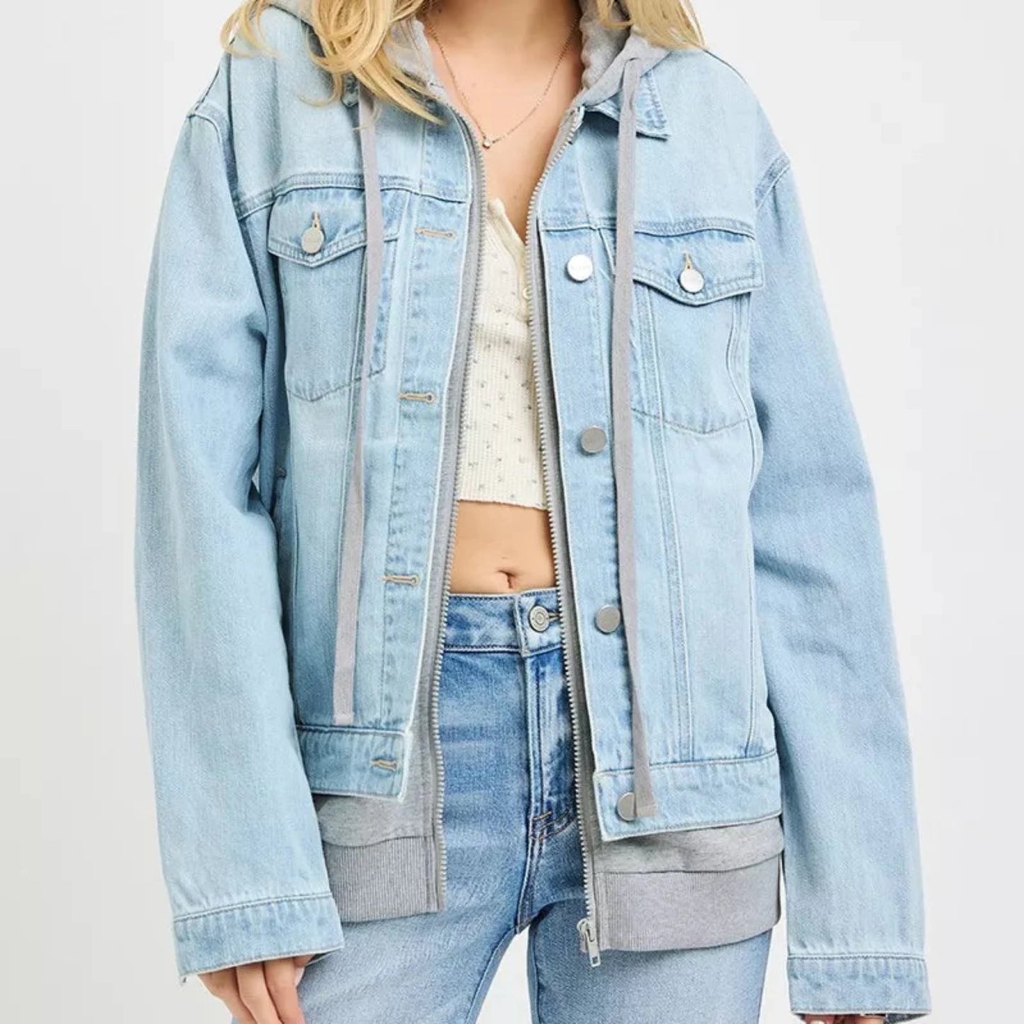RISEN Oversized Hoodie Grey Denim Jacket-Trendsi - Solazura Boutique