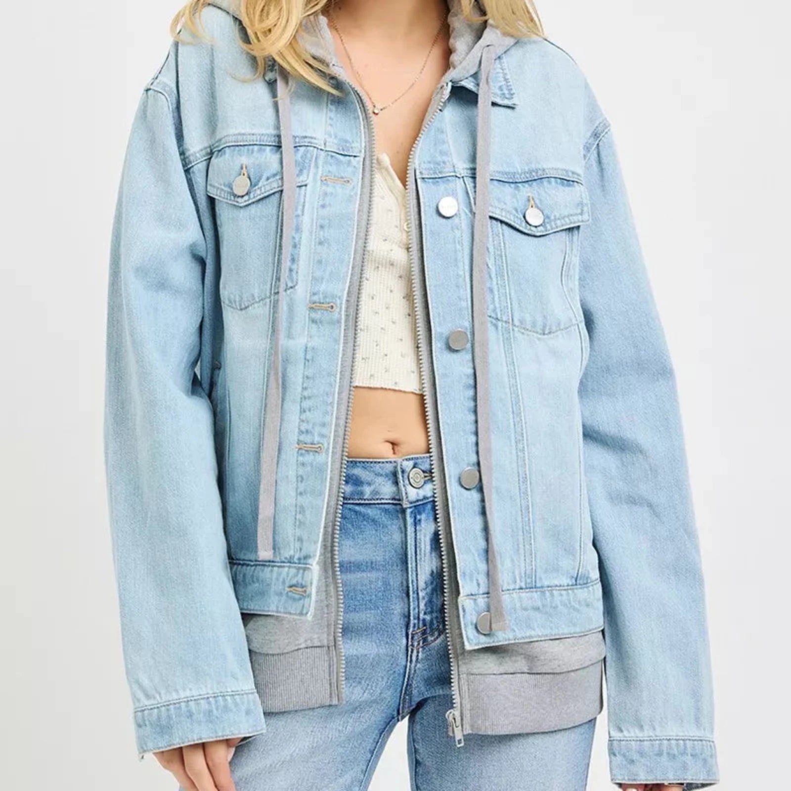 RISEN Oversized Hoodie Grey Denim Jacket-Trendsi - Solazura Boutique