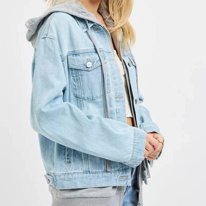 RISEN Oversized Hoodie Grey Denim Jacket-Trendsi - Solazura Boutique