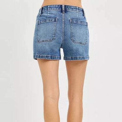 RISEN Women's High Rise Tie Waist Denim Shorts-Trendsi - Solazura Boutique