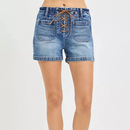 RISEN Women's High Rise Tie Waist Denim Shorts-Trendsi - Solazura Boutique