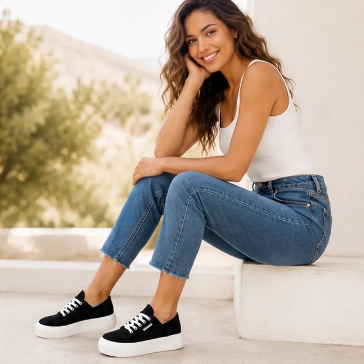 Woman sitting outdoors wearing black Roam Wild Convertible Sneakers with a comfortable white platform sole.