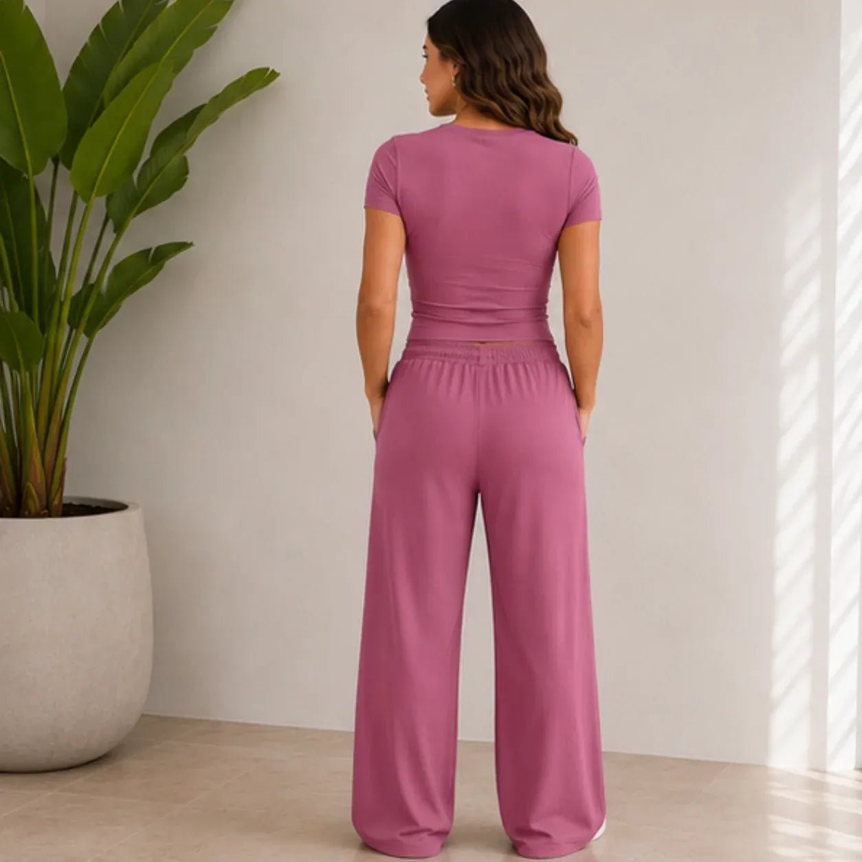Rose fitted top and wide-leg pants set back view