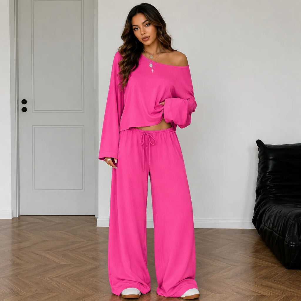 Rose red women's two-piece wide-leg pants set with off-shoulder long sleeve top