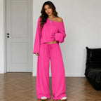 Rose red women's two-piece wide-leg pants set with off-shoulder long sleeve top