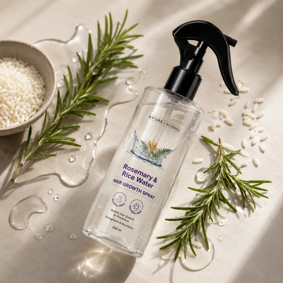 Rosemary and rice water hair spray 200ml in clear bottle with black spray nozzle