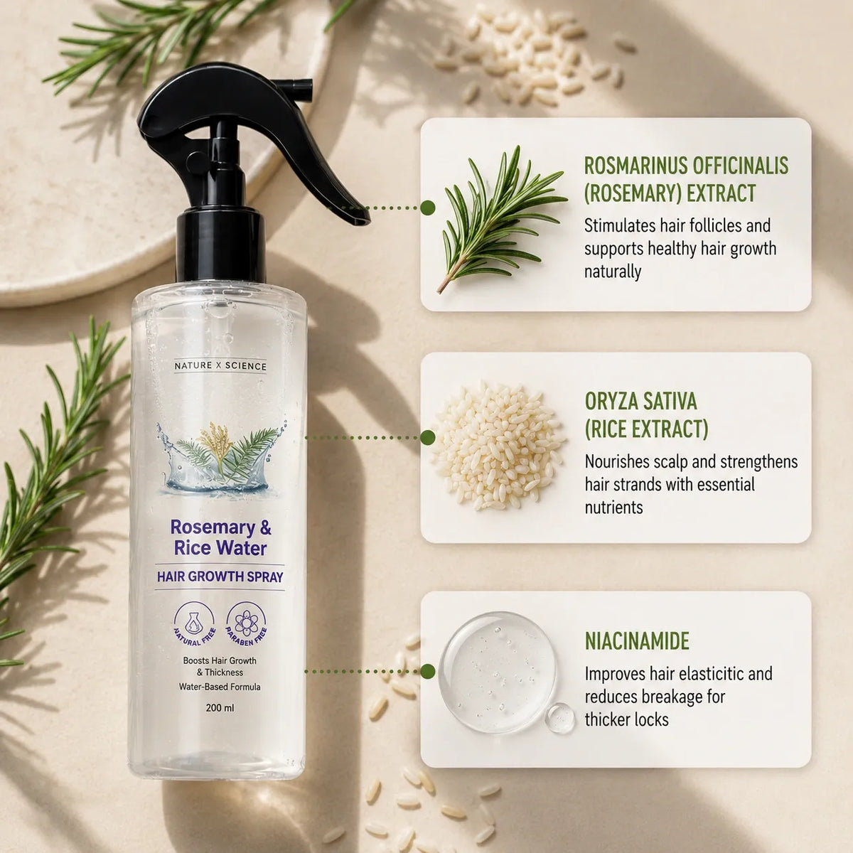 Rosemary and rice water hair spray with rosemary extract, rice extract, and niacinamide benefits