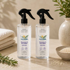 Two bottles of rosemary and rice water hair spray displayed together