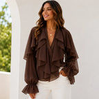 Women's chocolate brown ruffle chiffon long sleeve blouse with cascading front ruffles, sheer balloon sleeves, and a sophisticated flowy design.