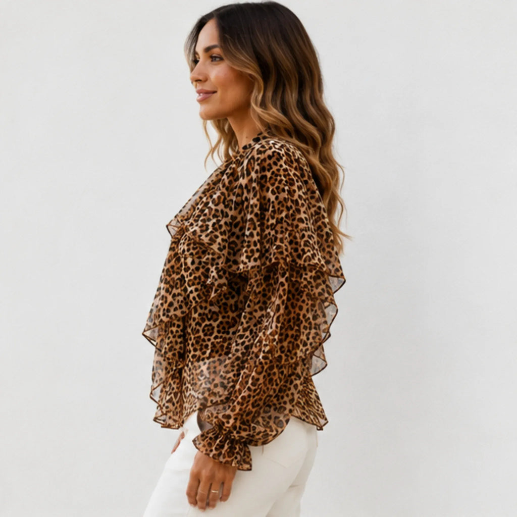 Side view of the women's leopard print ruffle chiffon blouse showcasing cascading layered ruffles, sheer balloon sleeves, and a relaxed fit.