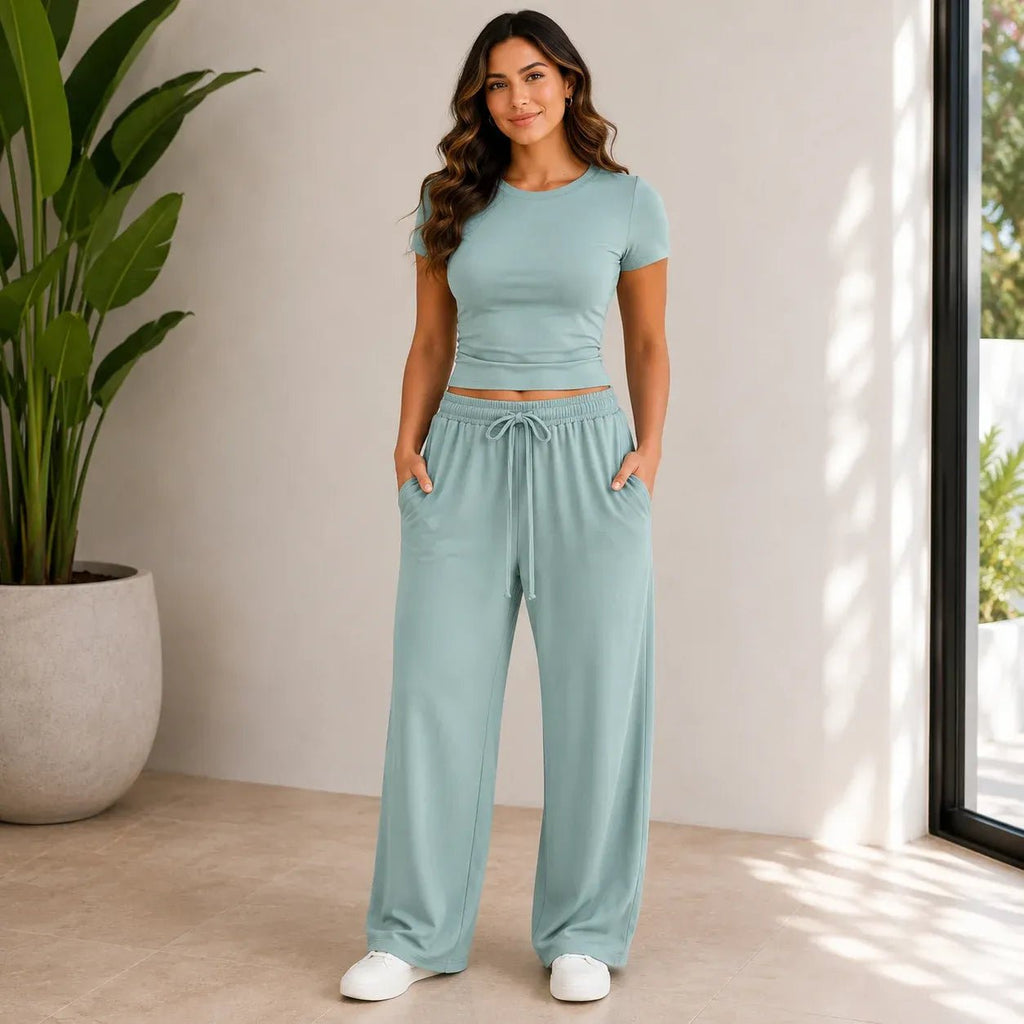 Sage green fitted top and wide-leg pants set for women