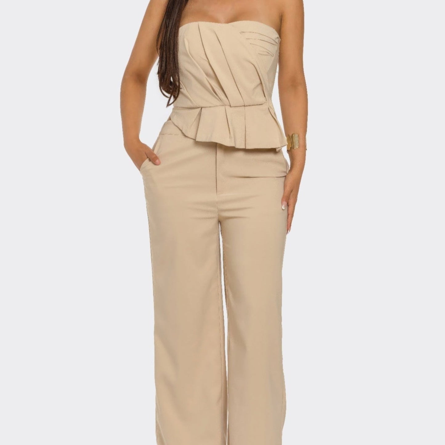 Sculpted Grace Strapless Pleated Top & Wide-Leg Trouser Set - Mauve & Taupe-Solazura Boutique - Solazura Boutique