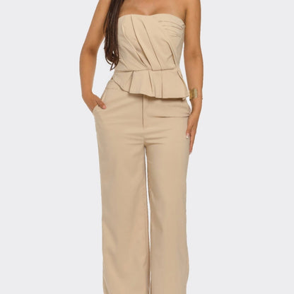 Sculpted Grace Strapless Pleated Top & Wide-Leg Trouser Set - Mauve & Taupe-Solazura Boutique - Solazura Boutique