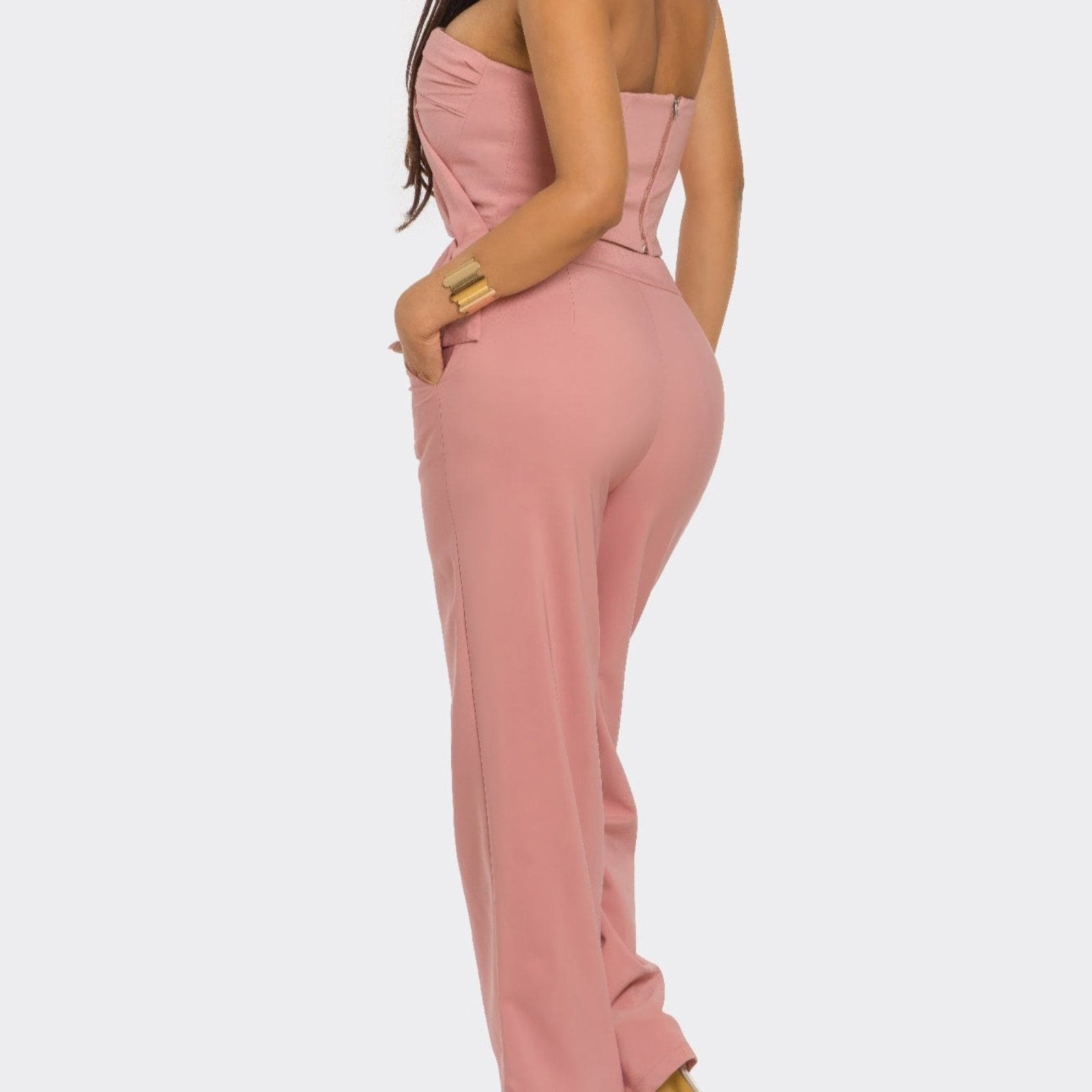 Sculpted Grace Strapless Pleated Top & Wide-Leg Trouser Set - Mauve & Taupe-Solazura Boutique - Solazura Boutique