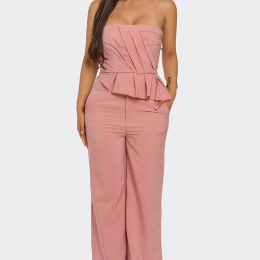 Sculpted Grace Strapless Pleated Top & Wide-Leg Trouser Set - Mauve & Taupe-Solazura Boutique - Solazura Boutique