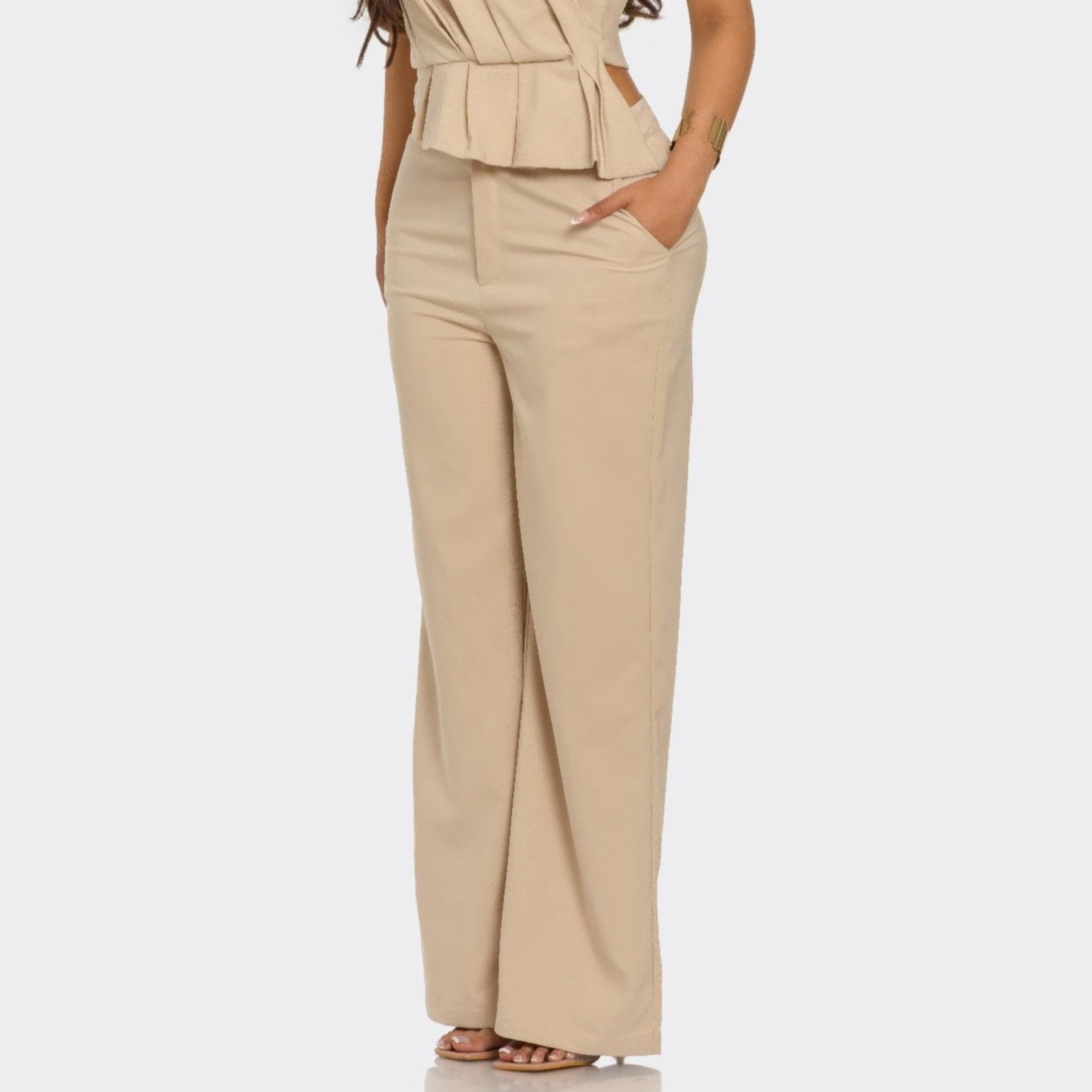 Sculpted Grace Strapless Pleated Top & Wide-Leg Trouser Set - Mauve & Taupe-Solazura Boutique - Solazura Boutique