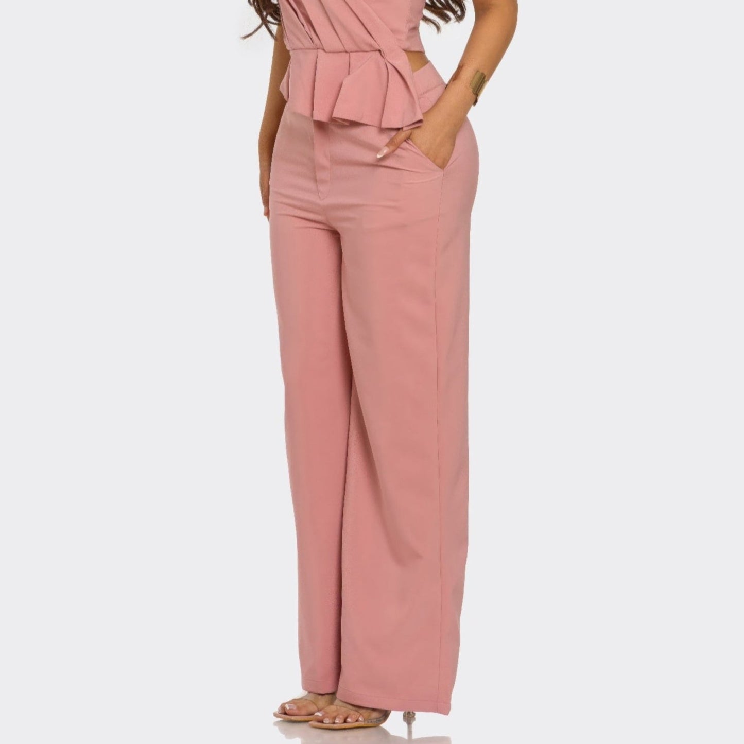 Sculpted Grace Strapless Pleated Top & Wide-Leg Trouser Set - Mauve & Taupe-Solazura Boutique - Solazura Boutique