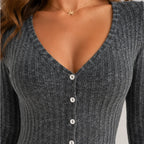 Close-up view of gray ribbed knit jumpsuit with V-neck and button front