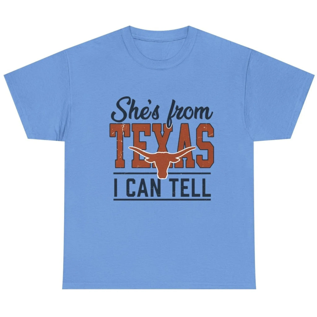 She's From Texas I Can Tell graphic T-shirt in Carolina Blue