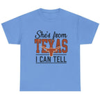 She's From Texas I Can Tell graphic T-shirt in Carolina Blue