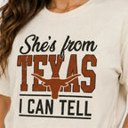 Close-up of She's From Texas I Can Tell graphic featuring western longhorn design