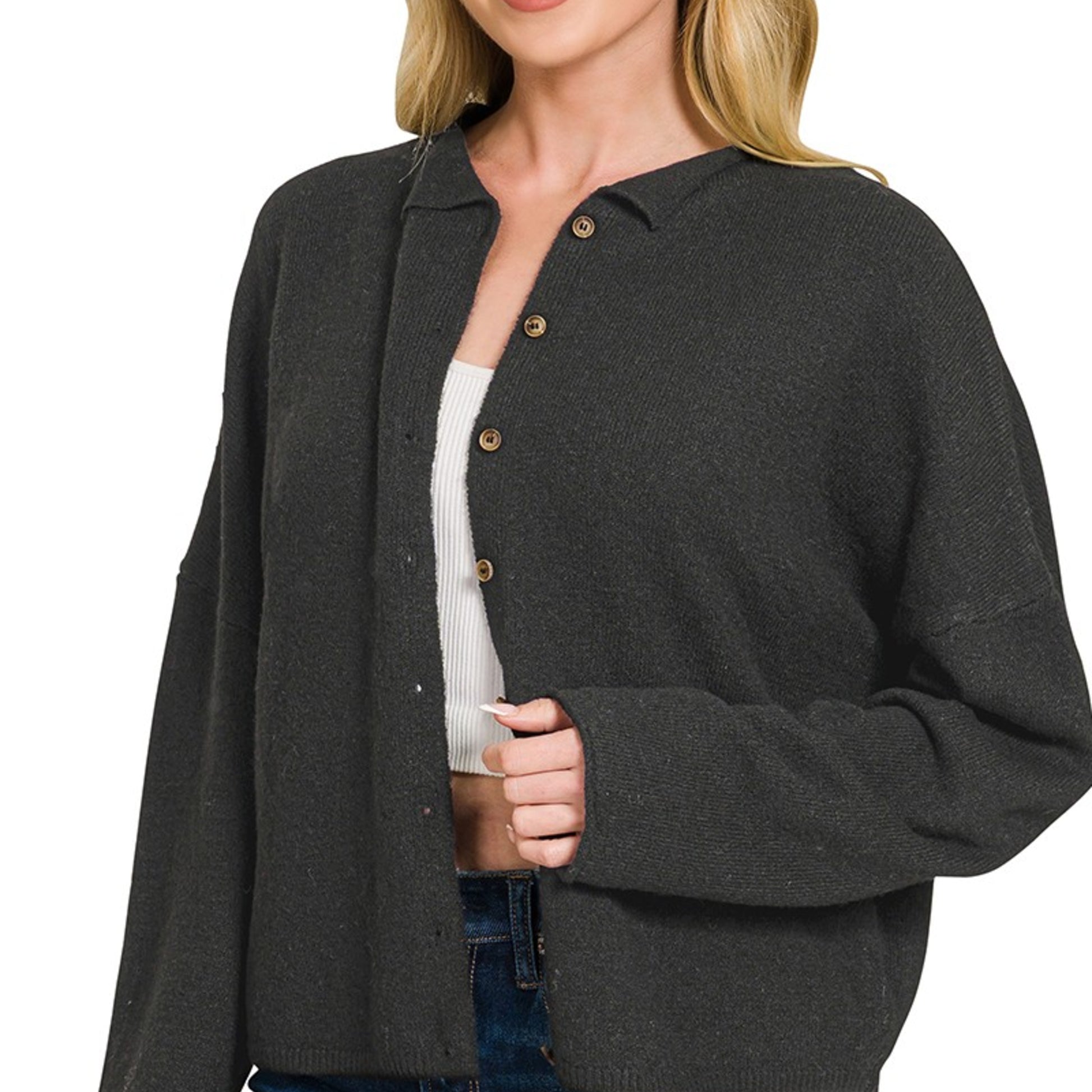 Side view of Zenana women's black collared button-down knit sweater.