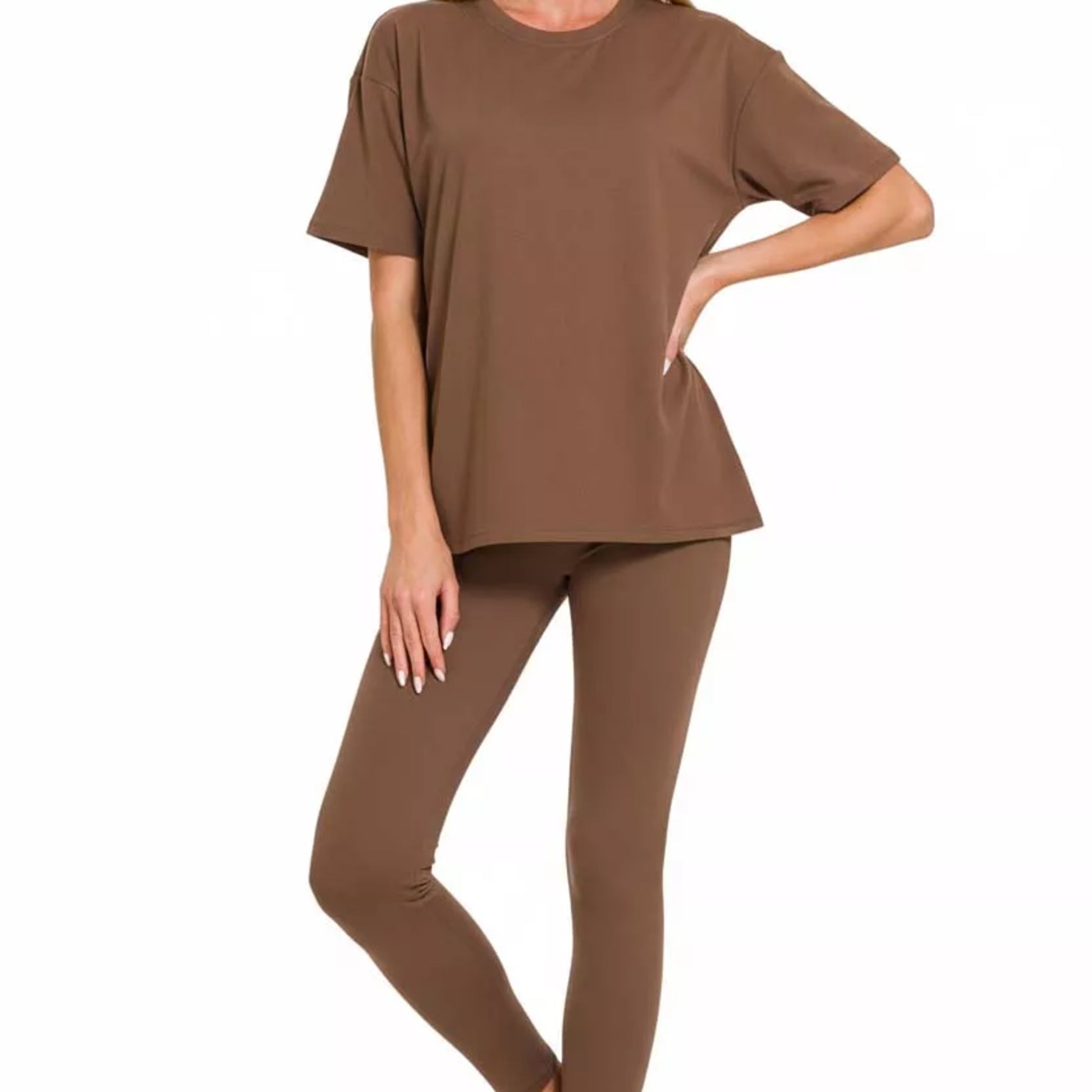 Side view of Zenana plus-size women's short sleeve top and cropped pants in Brown.