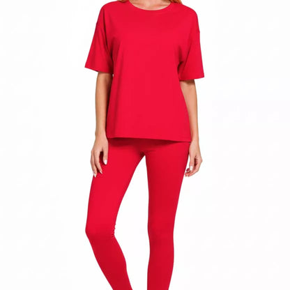 Side view of Zenana plus-size women's short sleeve top and cropped pants in Ruby.