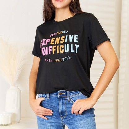 Black t-shirt with "Simply Love" slogan graphic and cuffed sleeves.