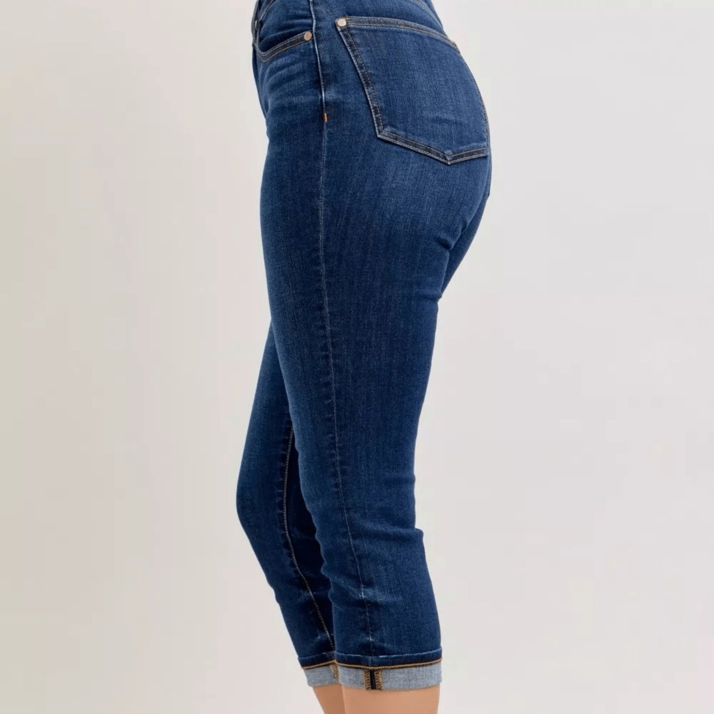 Side profile of Judy Blue capri jeans highlighting the single cuff detail.