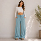 Sky blue flowy drawstring-waist wide-leg pants with pockets