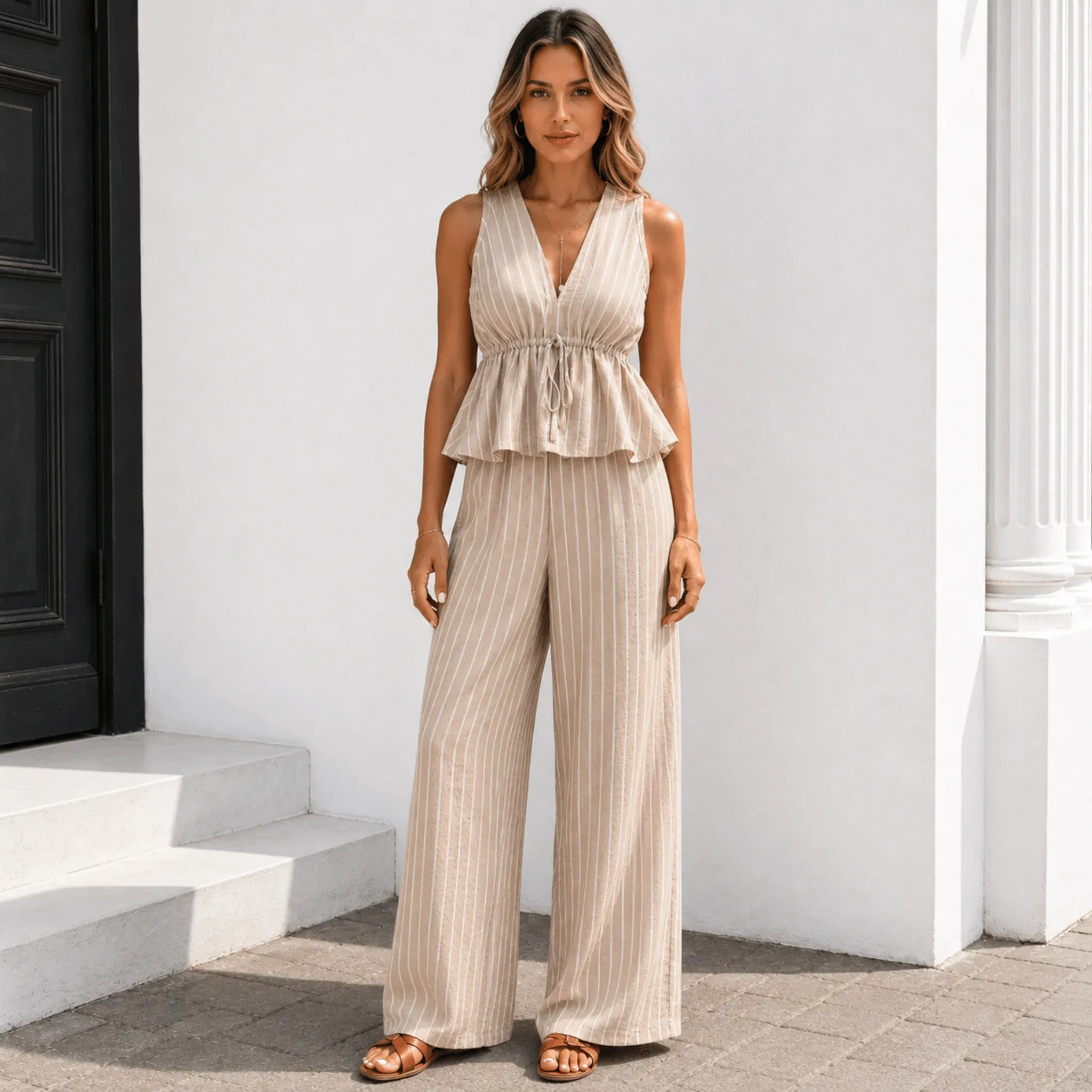 Women's sleeveless wide-leg pants two-piece set in apricot featuring a striped peplum top and relaxed wide-leg pants.