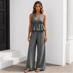 Women's sleeveless striped wide-leg pants two-piece set in charcoal gray with a relaxed silhouette.