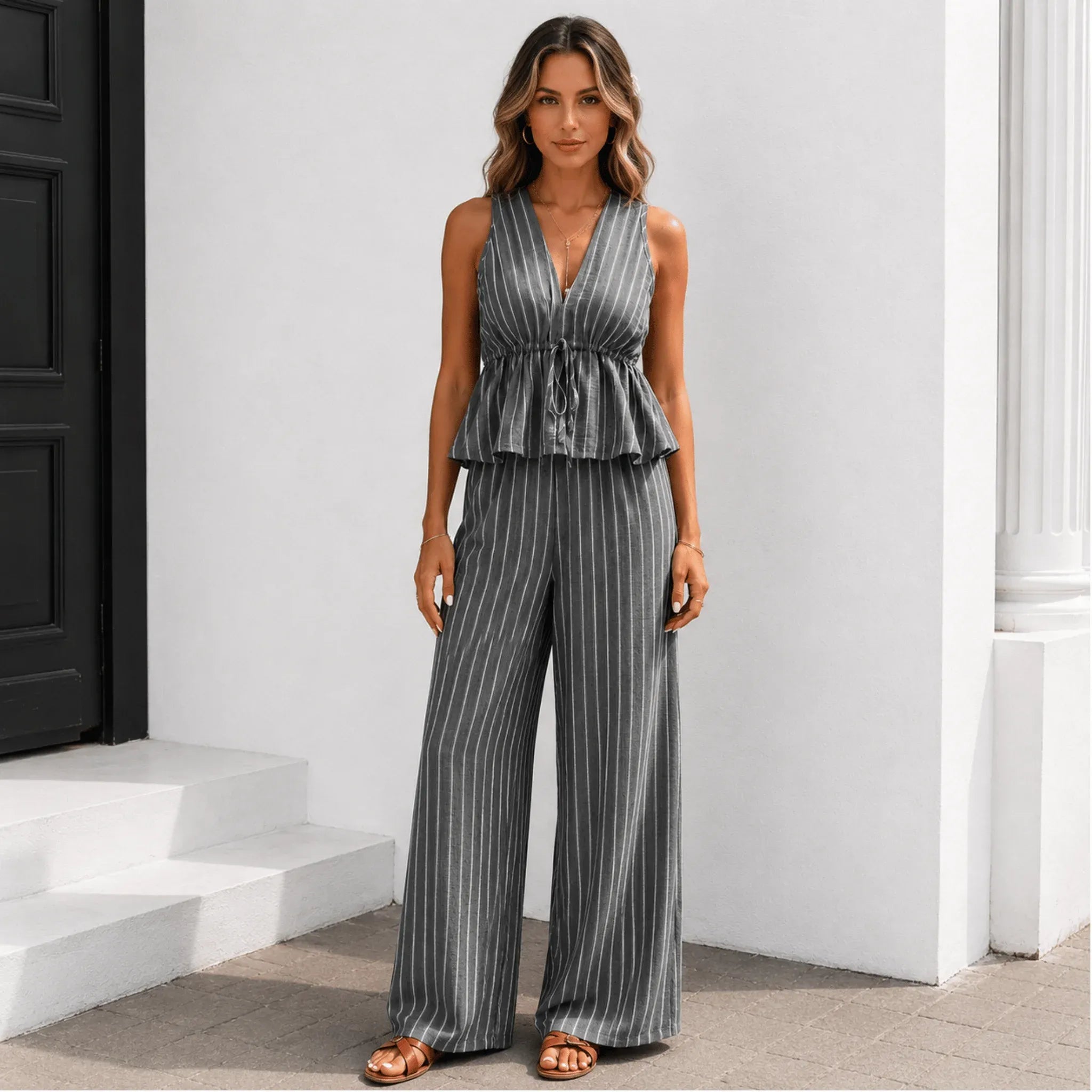 Women's sleeveless striped wide-leg pants two-piece set in charcoal gray with a relaxed silhouette.