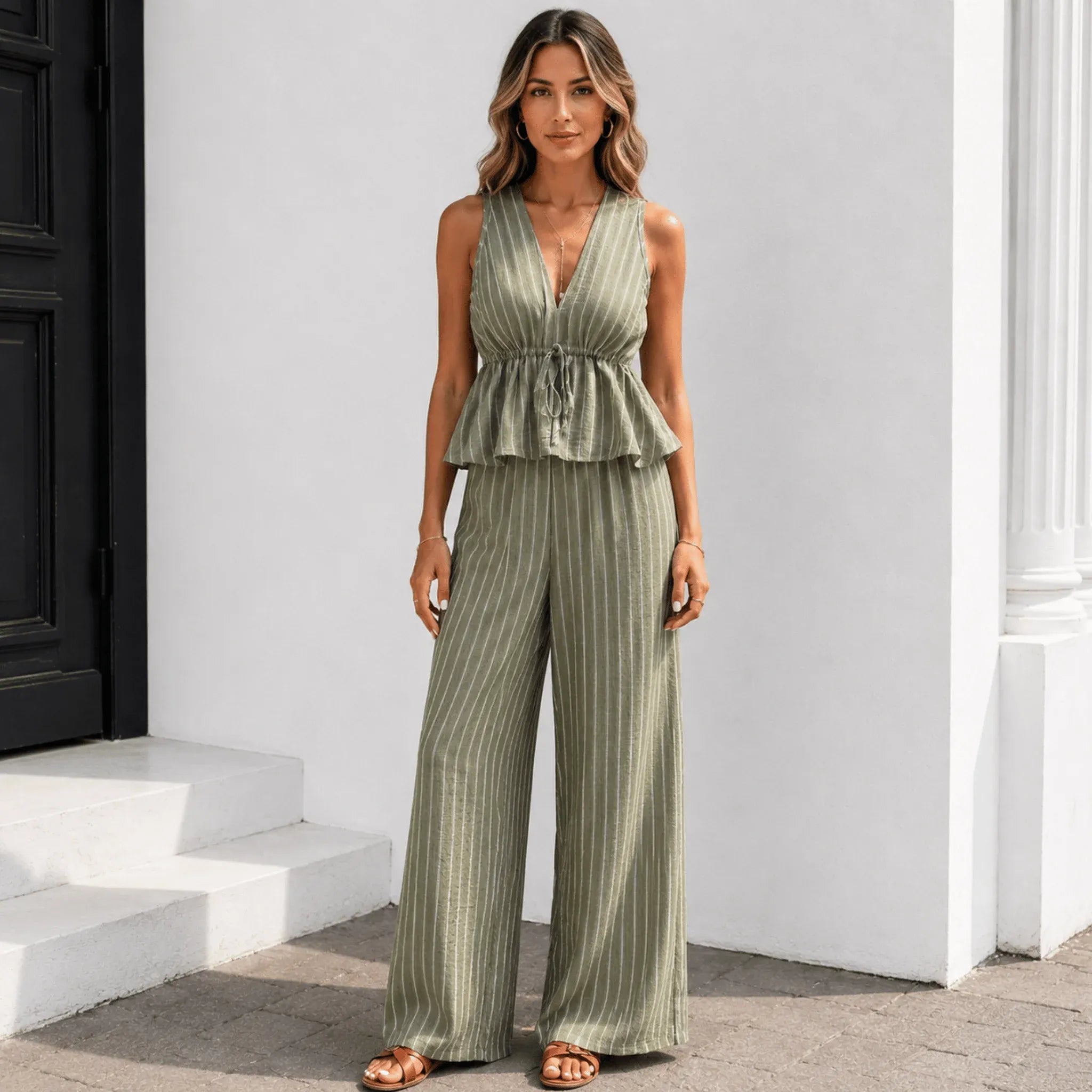 Women's sleeveless striped wide-leg pants two-piece set in olive green with a lightweight peplum top and flowy pants.