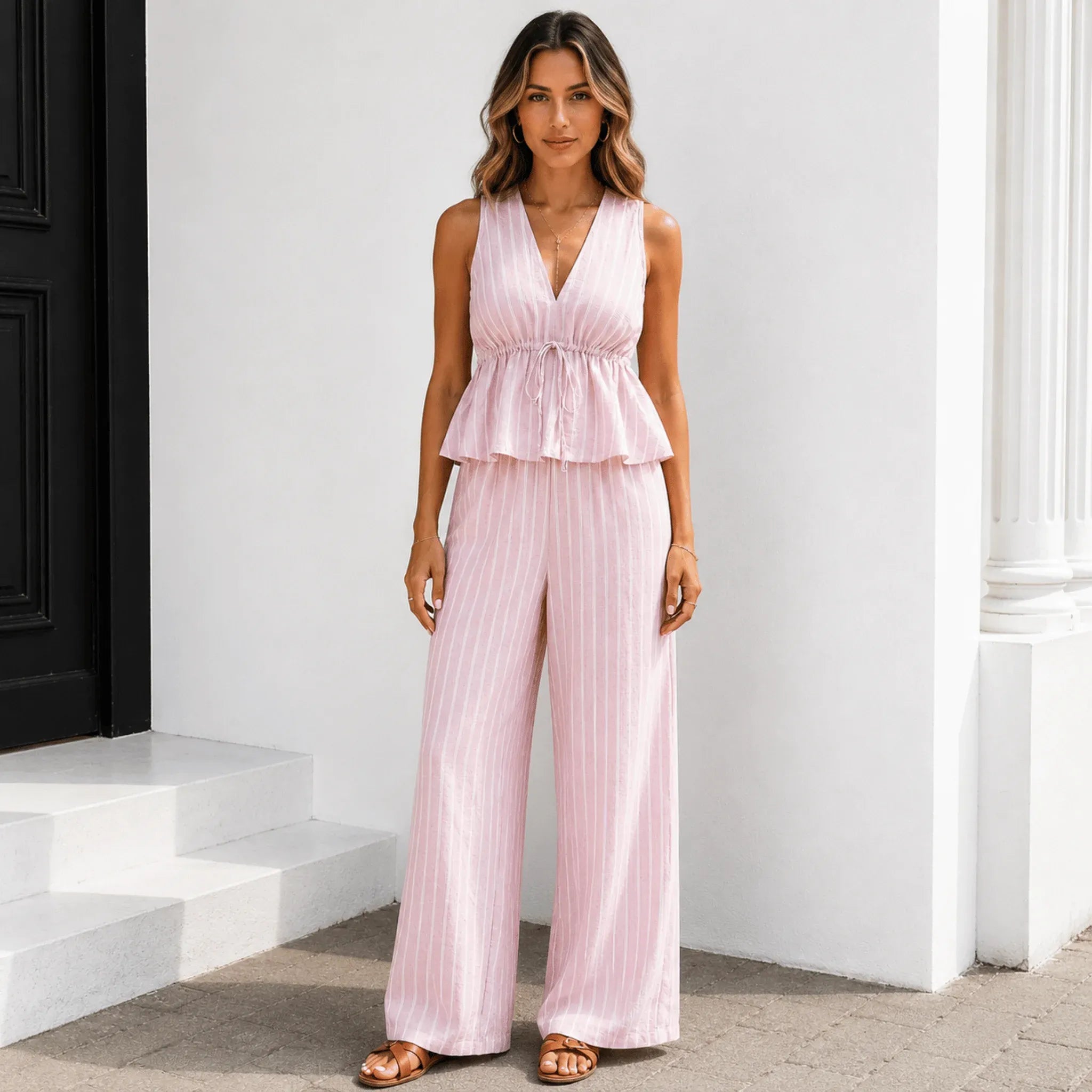 Women's sleeveless striped wide-leg pants two-piece set in soft pink with a relaxed peplum top.