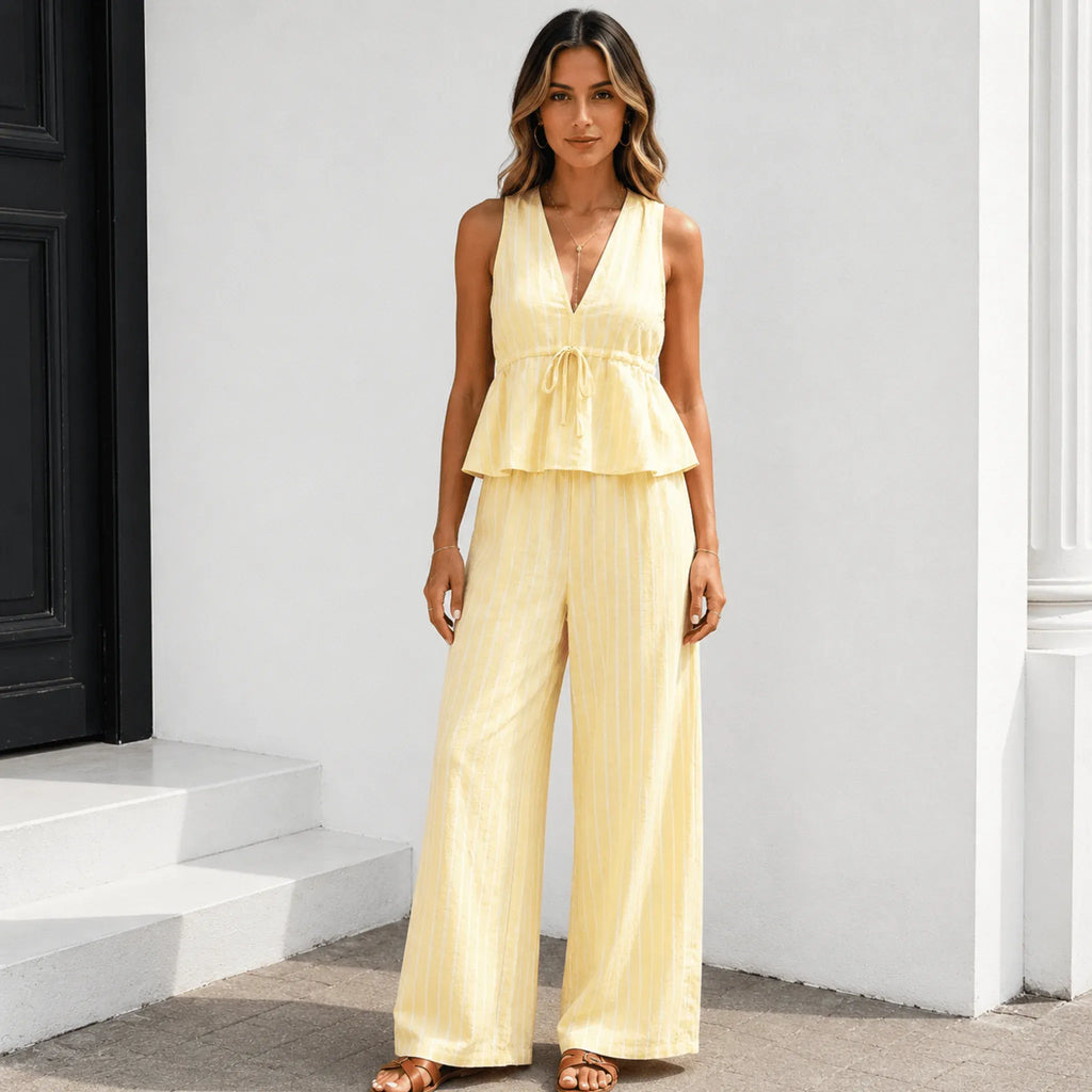 Women's sleeveless striped wide-leg pants two-piece set in pastel yellow featuring a lightweight peplum top.