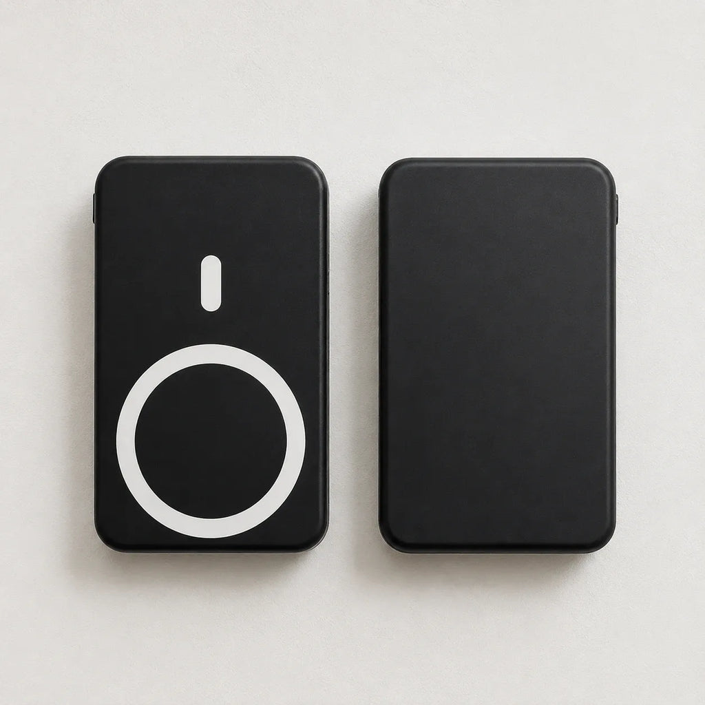 Small portable magnetic wireless power bank in black showing front and back