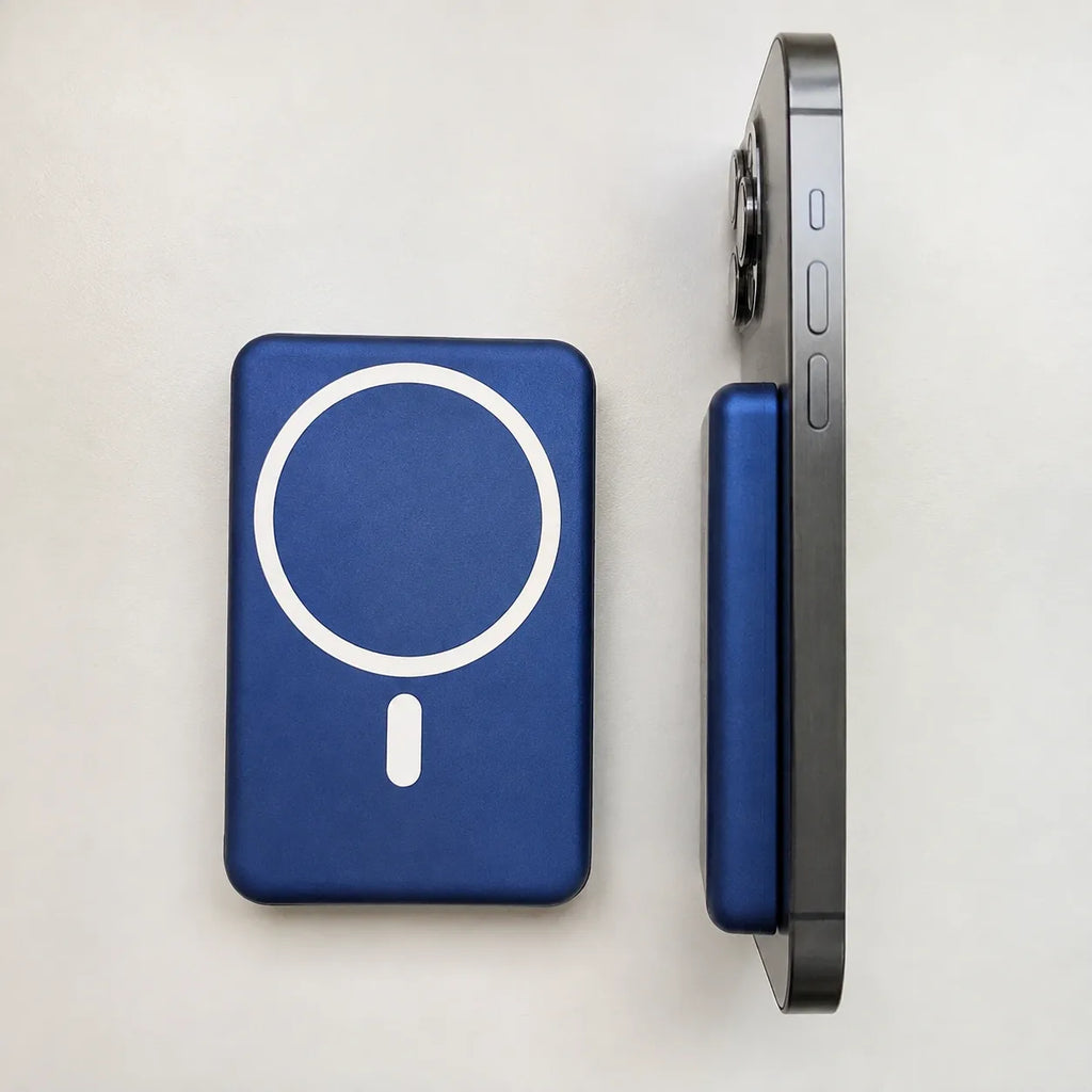 Small portable magnetic wireless power bank in blue showing front and side profile