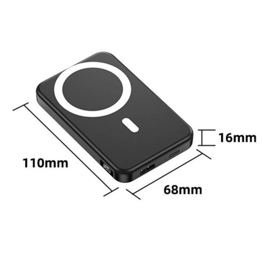 Small portable magnetic wireless power bank showing 110mm x 68mm x 16mm dimensions