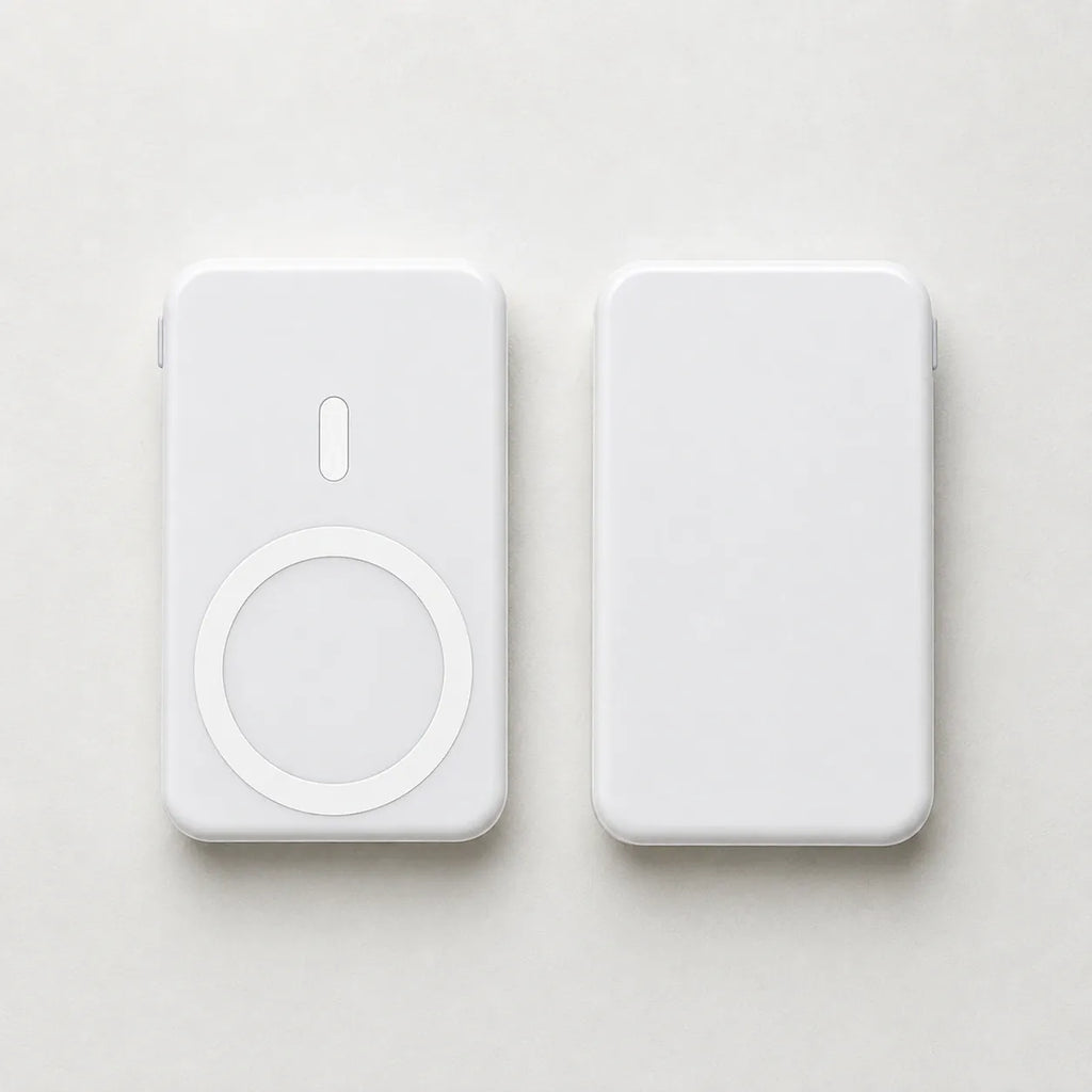 Small portable magnetic wireless power bank in white showing front and back