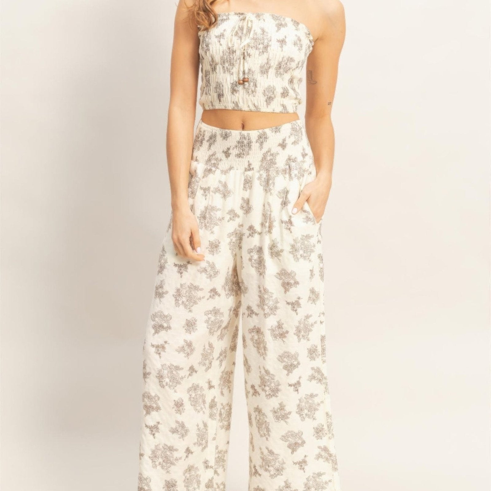 Smocked Tube Top & Wide-Leg Pants Set - Black, Burgundy & Beige-Solazura Boutique - Solazura Boutique