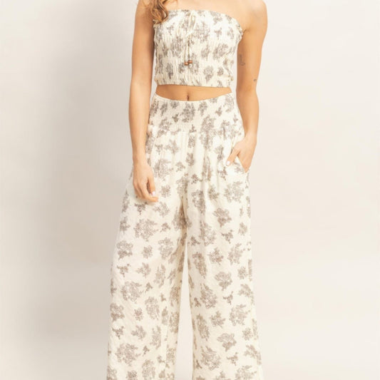Smocked Tube Top & Wide-Leg Pants Set - Black, Burgundy & Beige-Solazura Boutique - Solazura Boutique