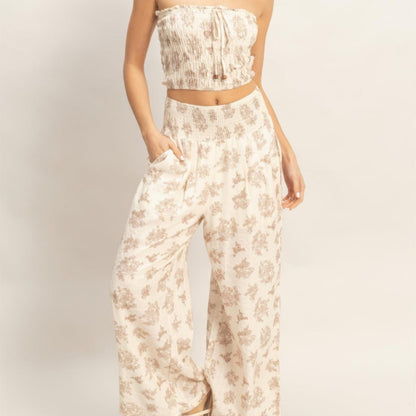 Smocked Tube Top & Wide-Leg Pants Set - Black, Burgundy & Beige-Solazura Boutique - Solazura Boutique