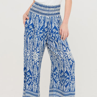 Smocked Waist Floral Pants - Black, Brown & Blue-Solazura Boutique - Solazura Boutique