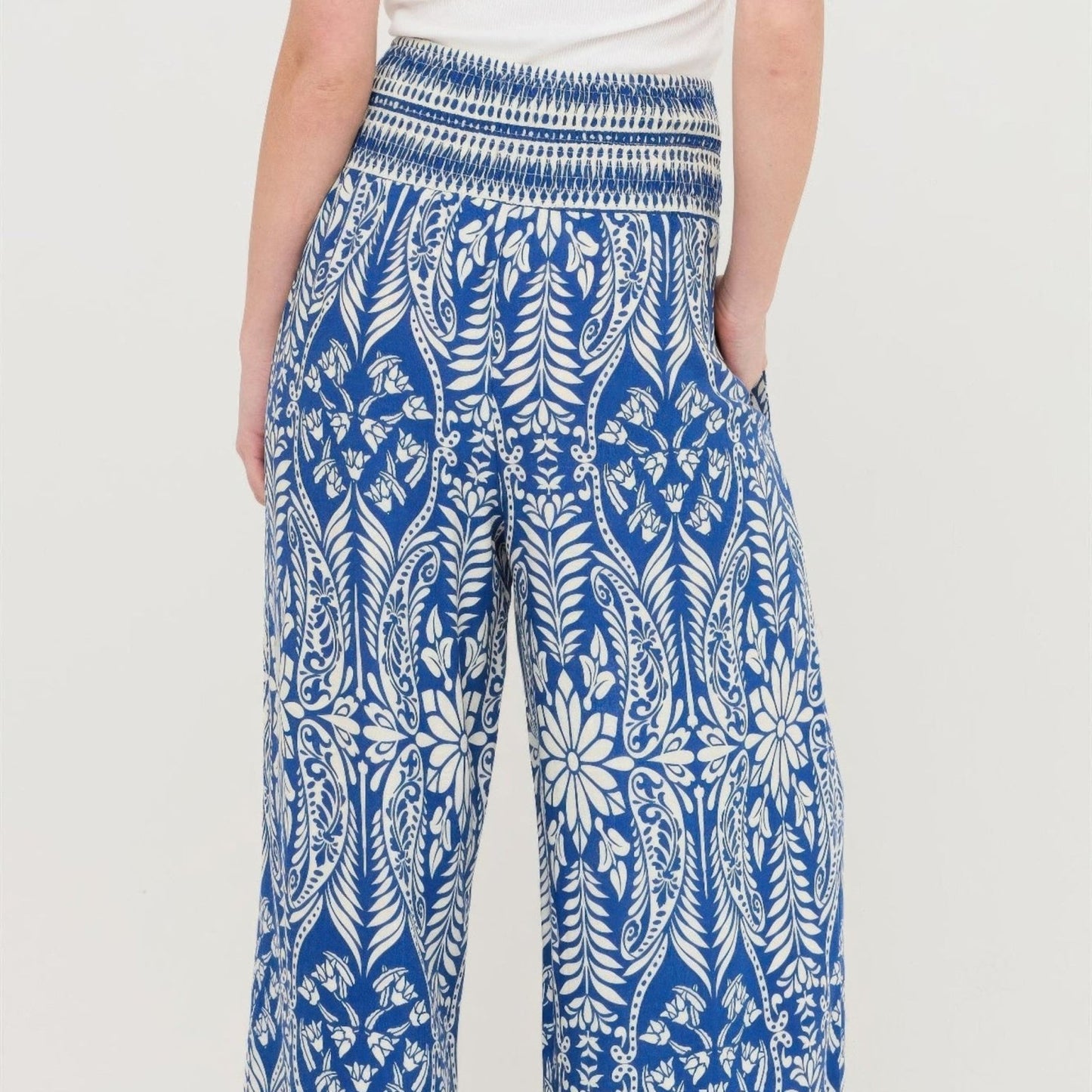 Smocked Waist Floral Pants - Black, Brown & Blue-Solazura Boutique - Solazura Boutique