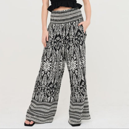 Smocked Waist Floral Pants - Black, Brown & Blue-Solazura Boutique - Solazura Boutique